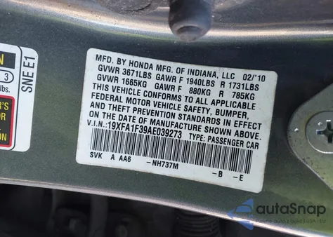 2010 Honda Civic Vp z USA, uszkodzony, nr VIN 19XFA1F39AE039273